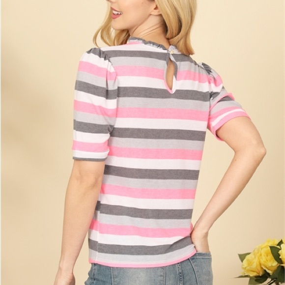 PINK MULTI STRIPES MERROW NECKLINE TOP - Picture 3 of 5